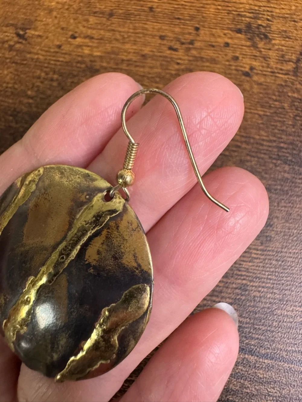 🍄Hand Crafted Gold Textured Round Drop Earrings - Copper and Brass - Picture 8 of 8